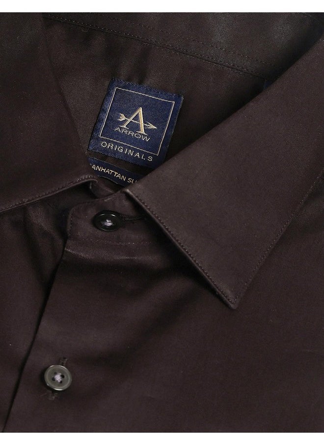 Arrow - Arrow Men's Brown Solid - Cutaway Collar Full Sleeves Formal Shirt with Chest Pocket | Cotton Fabric | Slim Fit - Image 1