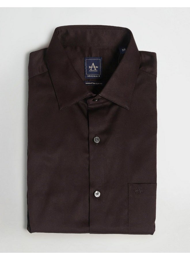 Arrow - Arrow Men's Brown Solid - Cutaway Collar Full Sleeves Formal Shirt with Chest Pocket | Cotton Fabric | Slim Fit - Image 1