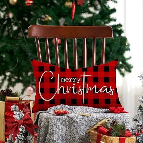 Allorry Christmas Pillow Covers Merry Christmas Throw Pillow Decorative Christmas Red and Black Cotton Cloth Linen Cloth Pillow Cover Sofa Cover Decorative Rectangle Length 12X20 - Image 4