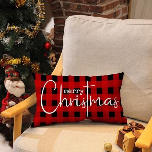 Allorry Christmas Pillow Covers Merry Christmas Throw Pillow Decorative Christmas Red and Black Cotton Cloth Linen Cloth Pillow Cover Sofa Cover Decorative Rectangle Length 12X20 - Image 3