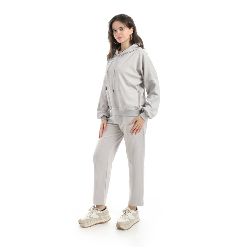 Andora Self Patteren Hooded Sweatshirt With Regualr Fit Pants Light Gray Training Suit-Light Grey - Image 2