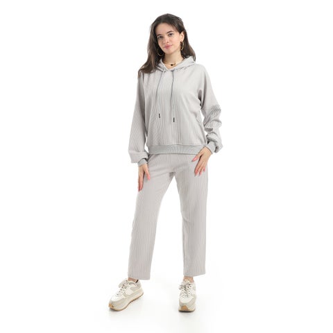 Self Patteren Hooded Sweatshirt With Regualr Fit Pants Light Gray Training Suit-Light Grey