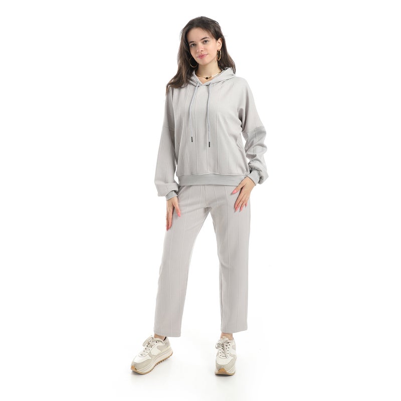 Andora Self Patteren Hooded Sweatshirt With Regualr Fit Pants Light Gray Training Suit-Light Grey - Image 1