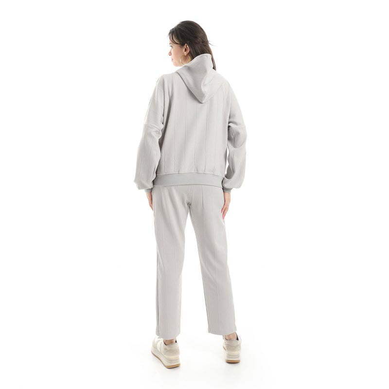 Andora Self Patteren Hooded Sweatshirt With Regualr Fit Pants Light Gray Training Suit-Light Grey - Image 4