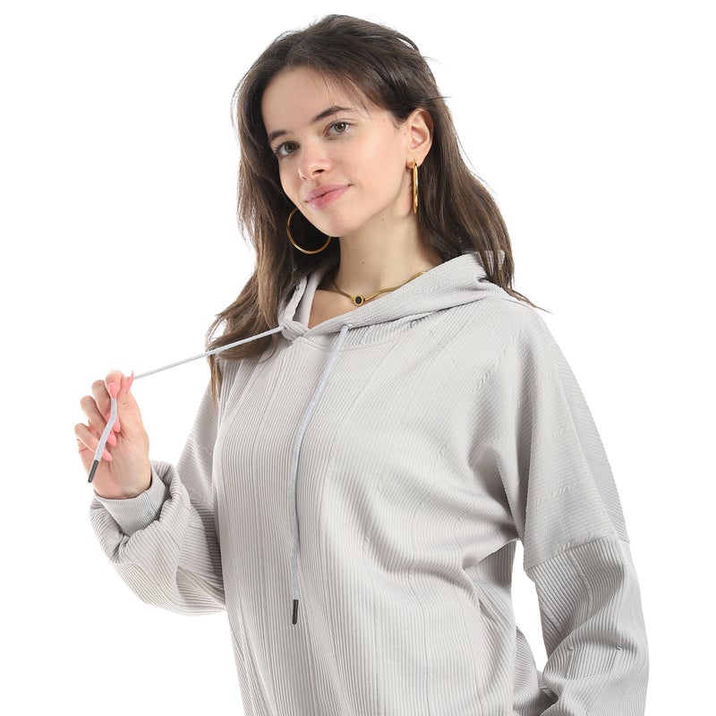 Andora Self Patteren Hooded Sweatshirt With Regualr Fit Pants Light Gray Training Suit-Light Grey - Image 5