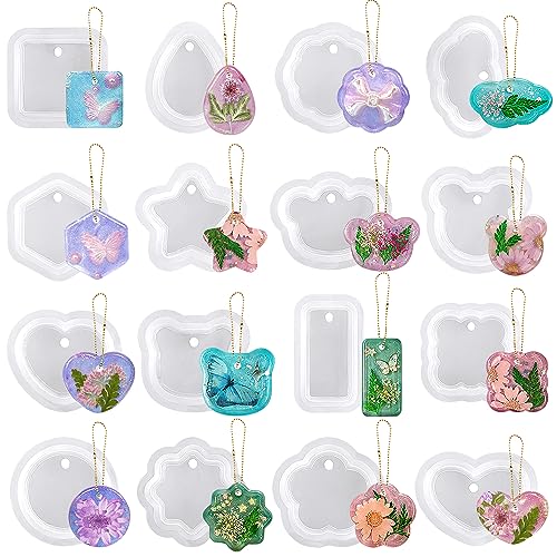 RESINWORLD 16pcs Variety Geometric Pendant Silicone Molds with Hanging Hole, Jewelry UV Resin Mold, Necklace Keychain Molds for Epoxy Resin - Image 1