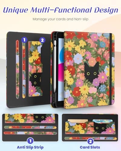 Kidcube for iPad 10th Generation Case 2022, for iPad (A16) Case 11th Generation 2025 - Women Girls Cute Rotating Stand Folio Cover with Pencil Holder & Card Slot Girly Kawaii Cat Flower Design Cases - Image 3