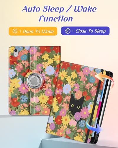 Kidcube for iPad 10th Generation Case 2022, for iPad (A16) Case 11th Generation 2025 - Women Girls Cute Rotating Stand Folio Cover with Pencil Holder & Card Slot Girly Kawaii Cat Flower Design Cases - Image 4