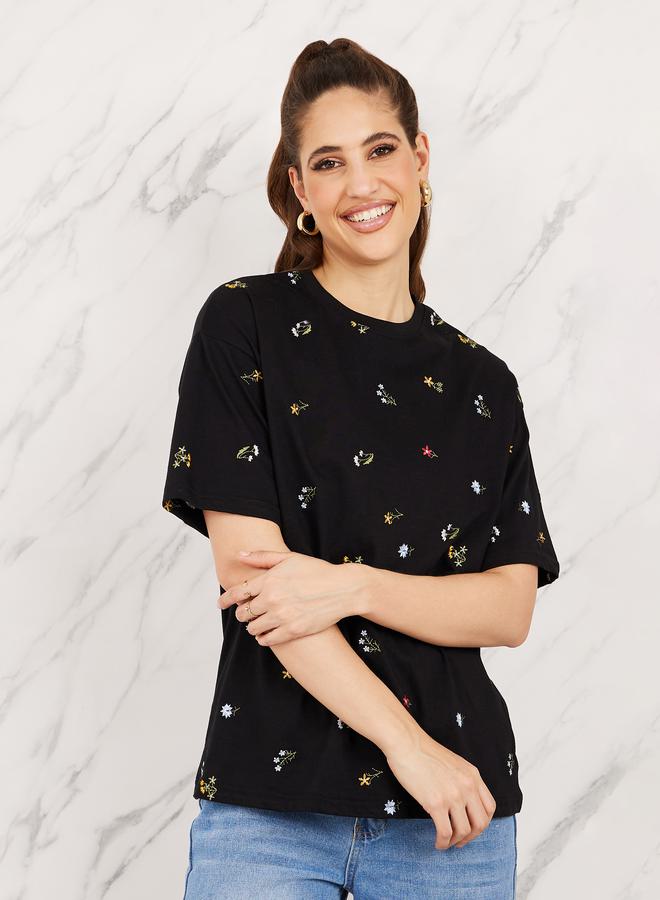 Styli Oversized All Over Floral Embroidered Front T-Shirt  - Image 1