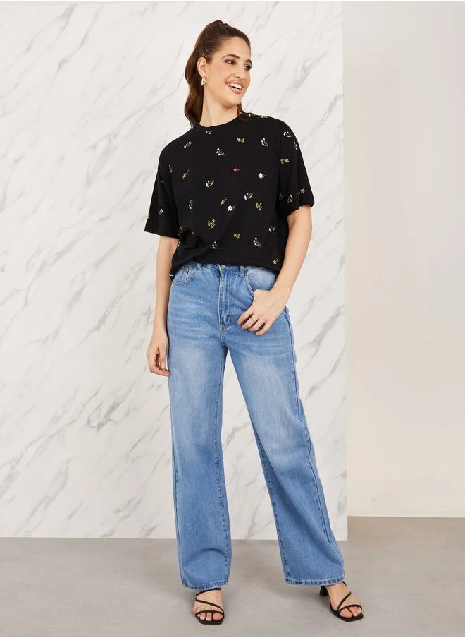 Styli Oversized All Over Floral Embroidered Front T-Shirt