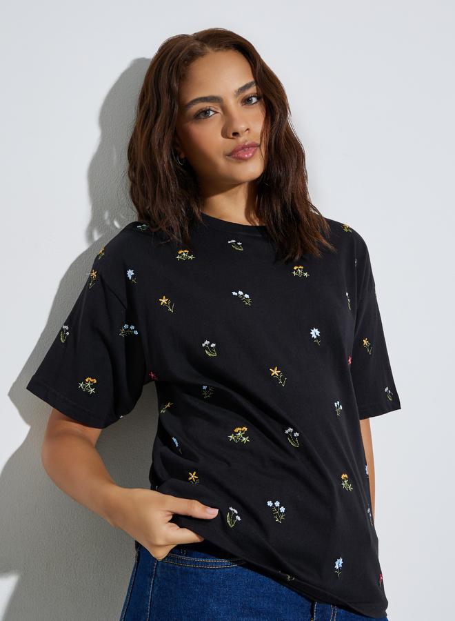 Styli Oversized All Over Floral Embroidered Front T-Shirt - Image 1