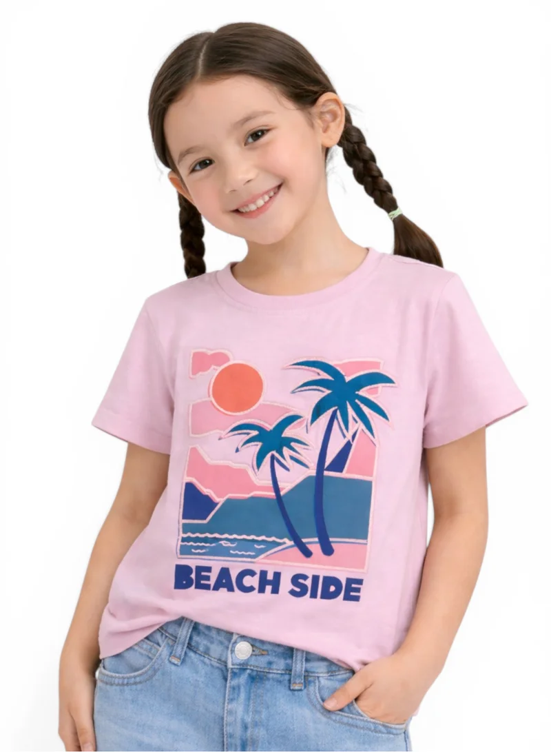 victor and jane Girls Beach Side Embellished T-Shirt (Pink- Relaxed fit)