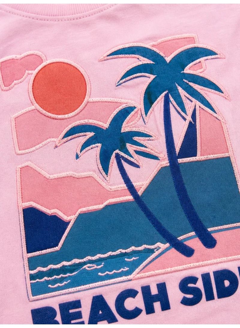 victor and jane Girls Beach Side Embellished T-Shirt (Pink- Relaxed fit)