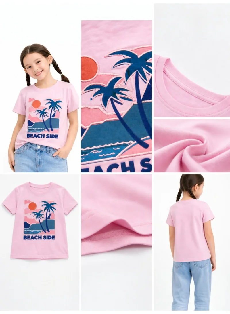 Victor And Jane  Girls Beach Side Embellished T-Shirt (Pink- Relaxed fit) for Women | Best Price UAE