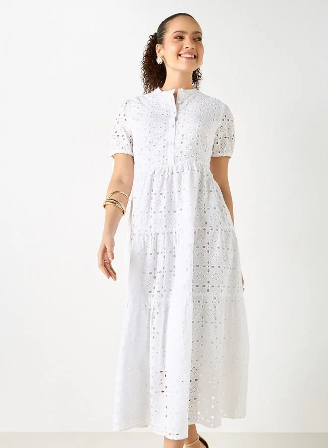Lee Cooper All-Over Schiffli Embroidered Cotton Dress with Puff Sleeves