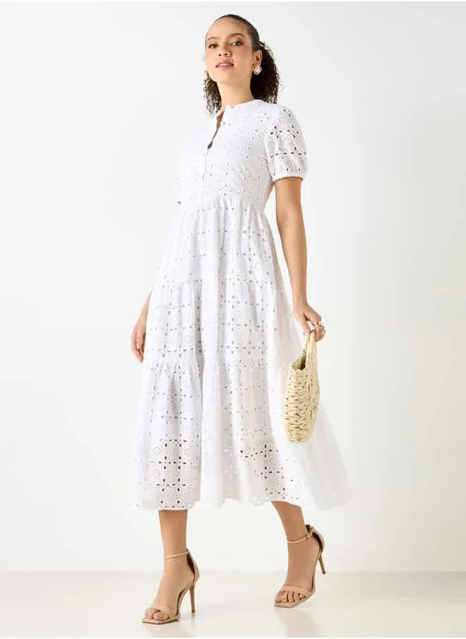 Lee Cooper Lee Cooper All-Over Schiffili Embroidered Dress with Puff Sleeves