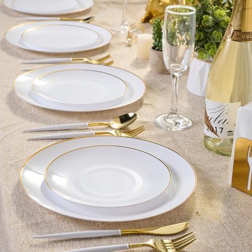 FOCUSLINE 100 Count Gold Plastic Plates 10.25 Inch, Disposable Heavy Duty Dinner Plates, Premium Hard Plastic Plate Fancy Disposable White Plate with Gold Rim - Image 4
