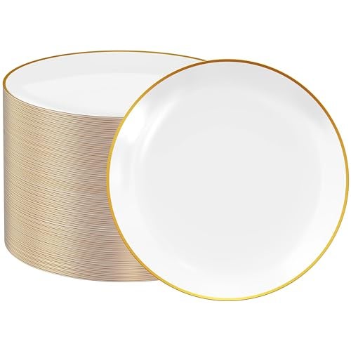 FOCUSLINE 100 Count Gold Plastic Plates 10.25 Inch, Disposable Heavy Duty Dinner Plates, Premium Hard Plastic Plate Fancy Disposable White Plate with Gold Rim - Image 1