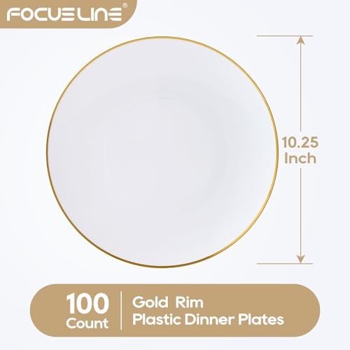 FOCUSLINE 100 Count Gold Plastic Plates 10.25 Inch, Disposable Heavy Duty Dinner Plates, Premium Hard Plastic Plate Fancy Disposable White Plate with Gold Rim - Image 5