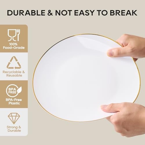 FOCUSLINE 100 Count Gold Plastic Plates 10.25 Inch, Disposable Heavy Duty Dinner Plates, Premium Hard Plastic Plate Fancy Disposable White Plate with Gold Rim - Image 3