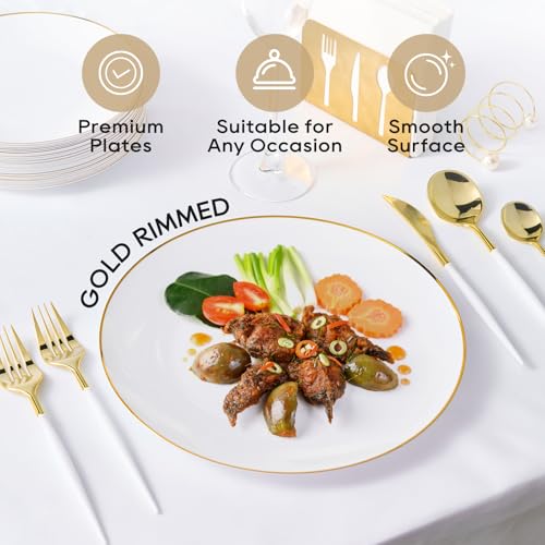 FOCUSLINE 100 Count Gold Plastic Plates 10.25 Inch, Disposable Heavy Duty Dinner Plates, Premium Hard Plastic Plate Fancy Disposable White Plate with Gold Rim - Image 2