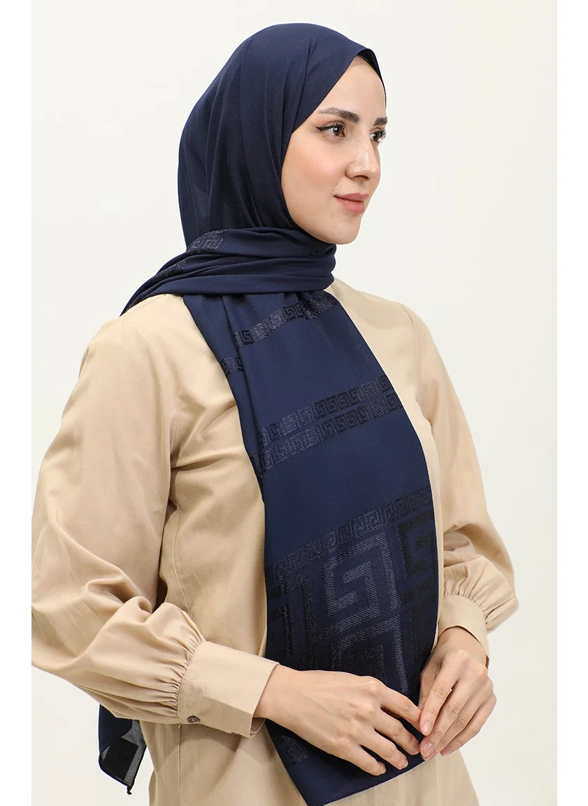 Sefa Merve Jacquard Chiffon Shawl 2070-05 Navy Blue