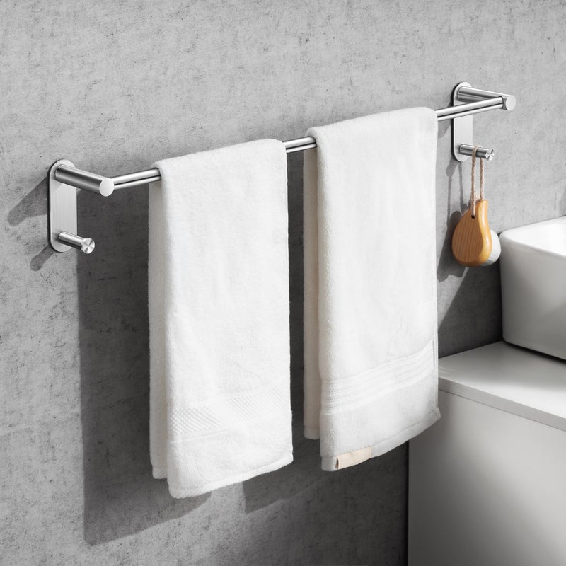 Josmimic 24 Inch Adhesive Towel Bar - Stainless Steel Stick on Towel Rack for Bathroom, No Drilling Towel Holder with 2 Hooks, Brushed Nickel - Image 1