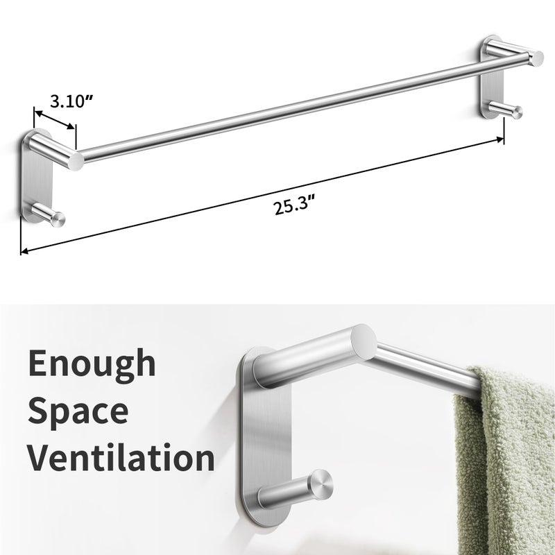 Josmimic 24 Inch Adhesive Towel Bar - Stainless Steel Stick on Towel Rack for Bathroom, No Drilling Towel Holder with 2 Hooks, Brushed Nickel - Image 2