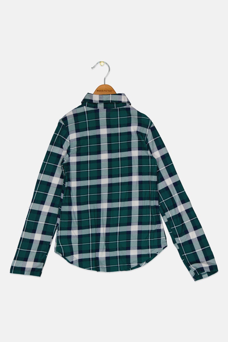 No Comment Kids Girl Long Sleeve Checkered Shirt, Green  - Image 2