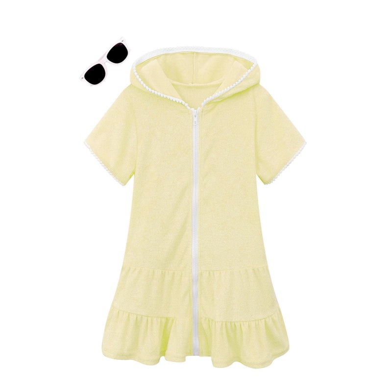 LUCKYGAL Toddler Girls Swim Cover Up Kids Swimsuit Coverup Lemon Yellow Terry Beach Pool Clothes,2t 3t - Image 1