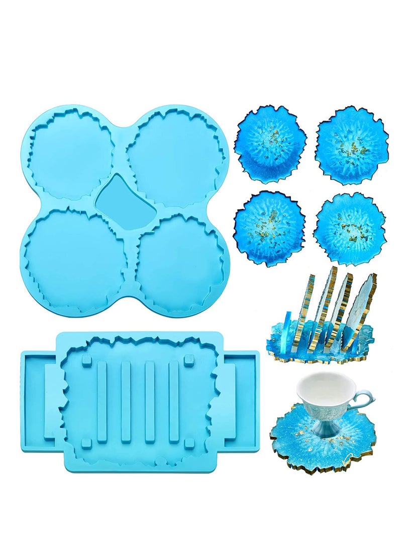 SYOSI 2 Pieces Coaster Resin Molds Set Coaster Stand Silicone Mold Cup Mat Epoxy Resin Casting Mold Cup Stand Holder Mold for DIY Crafts Home Decorations Coaster Making Tools Blue  - Image 1