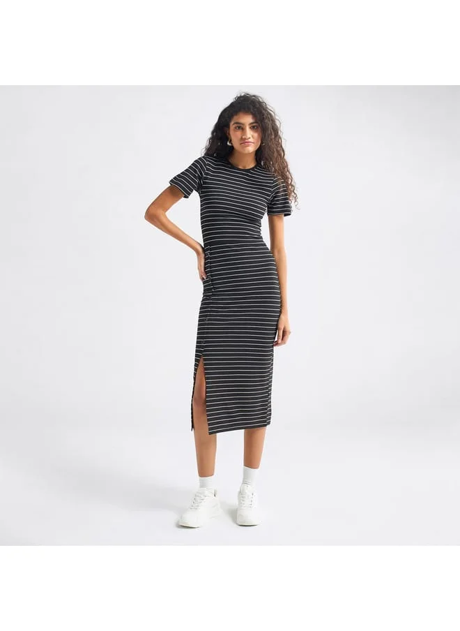 FAV Striped Midi Dress with Round Neck and Slit Detail