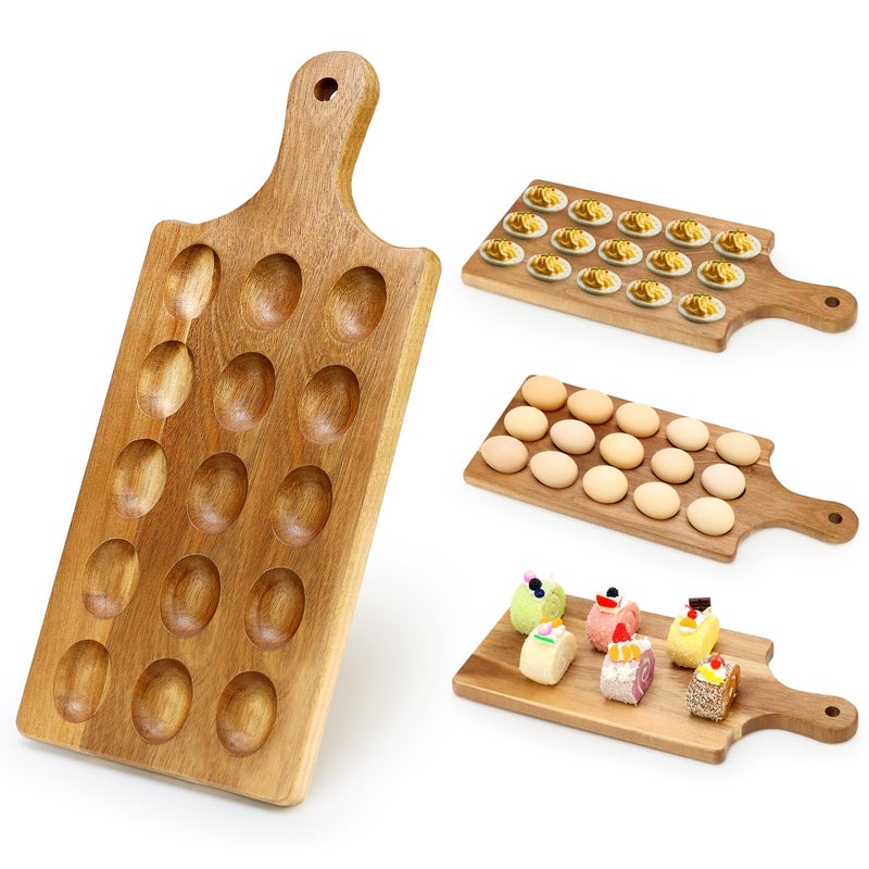 Hilislog Acacia Wood Egg Platter for Deviled Eggs Container Counter Wooden Charcuterie Board Plates Easter Gift Small Devilled Egg Holder Carrier Cheese Board Hosting Essentials Devil Eggs Dish Serving Tray - Image 2