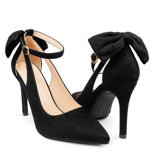 COLETER Womens Bow Knot High Heels Pointed Toe Stiletto Ankle Strap D'Orsay Pumps Bow Evening Dress Shoes Suede Black 7US - Image 1