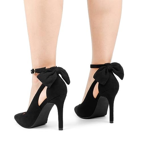 COLETER Womens Bow Knot High Heels Pointed Toe Stiletto Ankle Strap D'Orsay Pumps Bow Evening Dress Shoes Suede Black 7US - Image 2