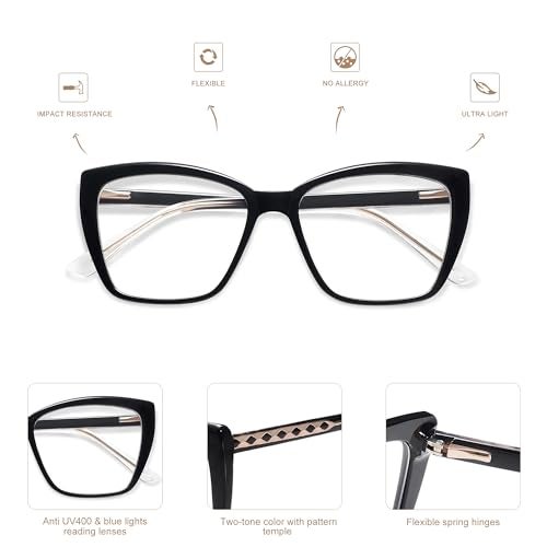 AMOMOMA Trendy TR90 Oversized Blue Light Reading Glasses Women,Stylish Square Cat Eye Glasses AM6031C1 with Black Frame 1.5 x - Image 5