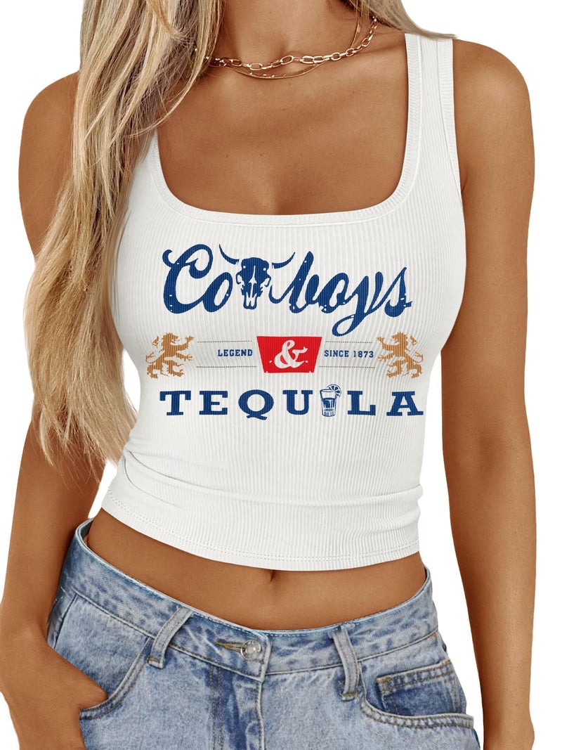 QLIPIN Western Cowgirl Tank Tops Women Country Music Crop Top Sleeveless Cowboy Graphic Cami Shirt White - Image 1
