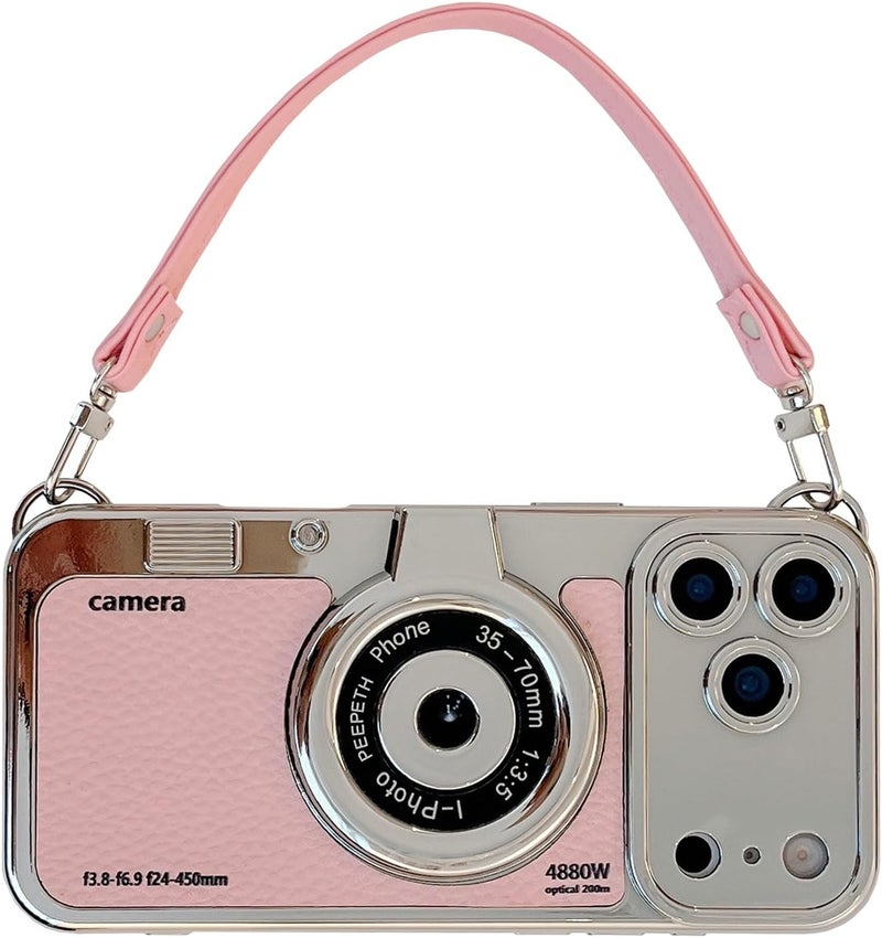 QoKcoahn 3D Vintage Camera Phone Case with Hand Strap - Unique Cool Silicone PC Shockproof Crossbody Protective Case for iPhone 17 Pro-Pink - Image 1