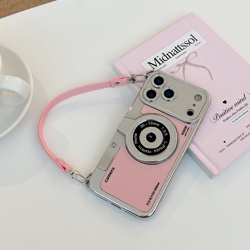 QoKcoahn 3D Vintage Camera Phone Case with Hand Strap - Unique Cool Silicone PC Shockproof Crossbody Protective Case for iPhone 17 Pro-Pink - Image 2