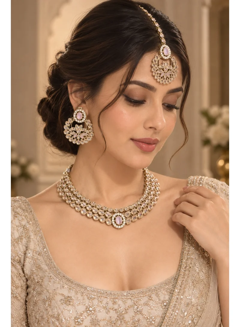 Lehar Blush Pink Kundan Layered Choker Set with Chandbali & Tikka - Indian Bridal Jewelry