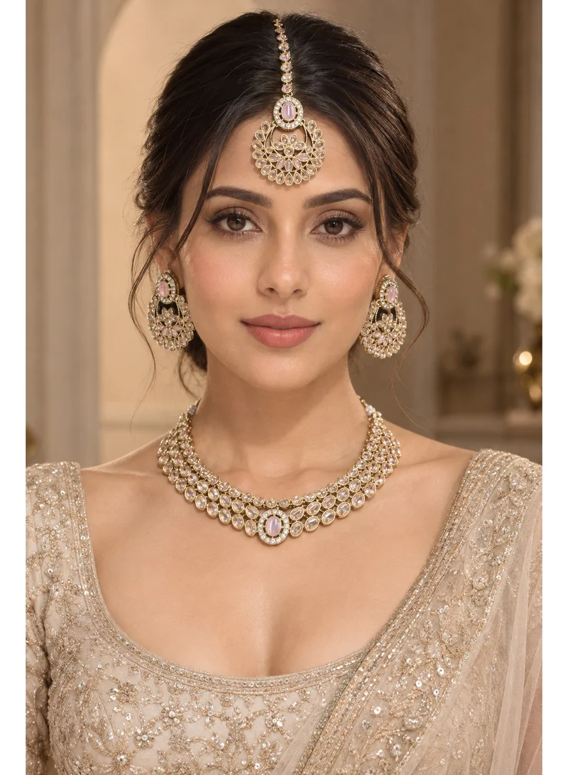 Lehar Blush Pink Kundan Layered Choker Set with Chandbali & Tikka - Indian Bridal Jewelry