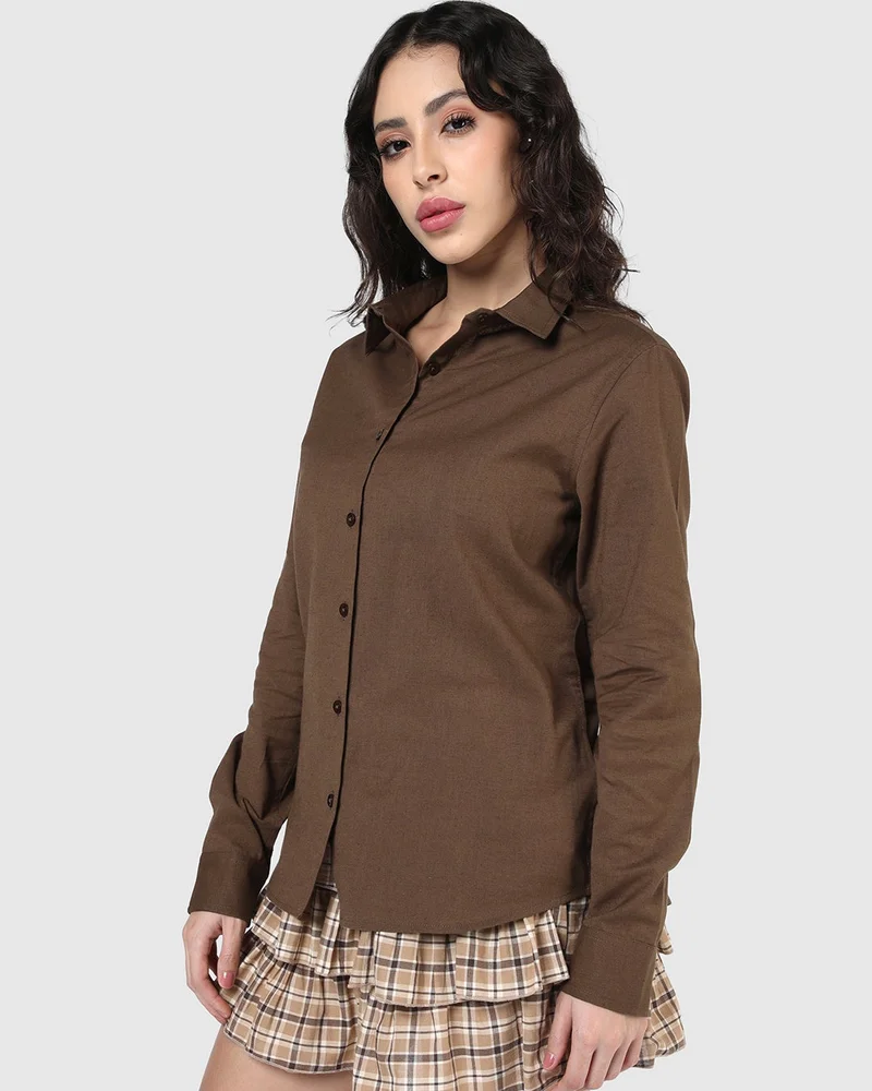 bewakoof Women's Brown Oversized Cotton Linen Shirt