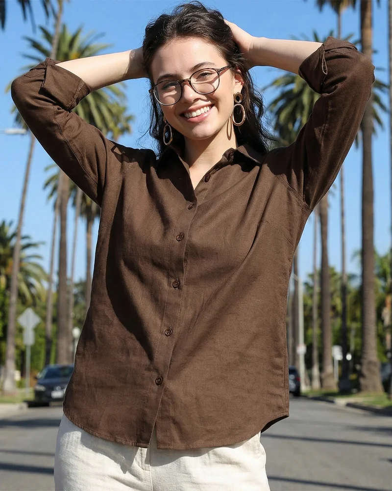 Women's Brown Oversized Cotton Linen Shirt