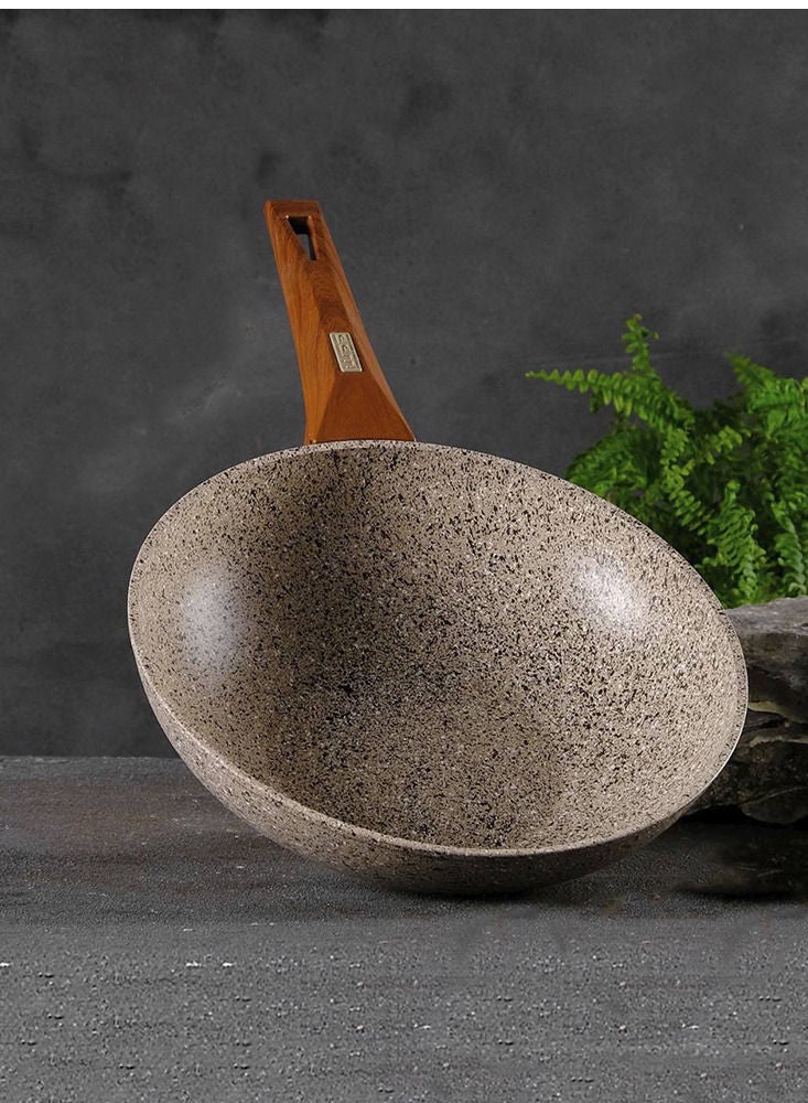 مقلى عميق بتصميم نقشة جرانيت من قطعة واحدة بيج/خشبي 28سم - Image 1