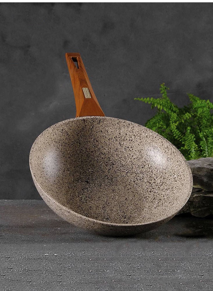 مقلى عميق بتصميم نقشة جرانيت من قطعة واحدة بيج/خشبي 28سم - Image 2