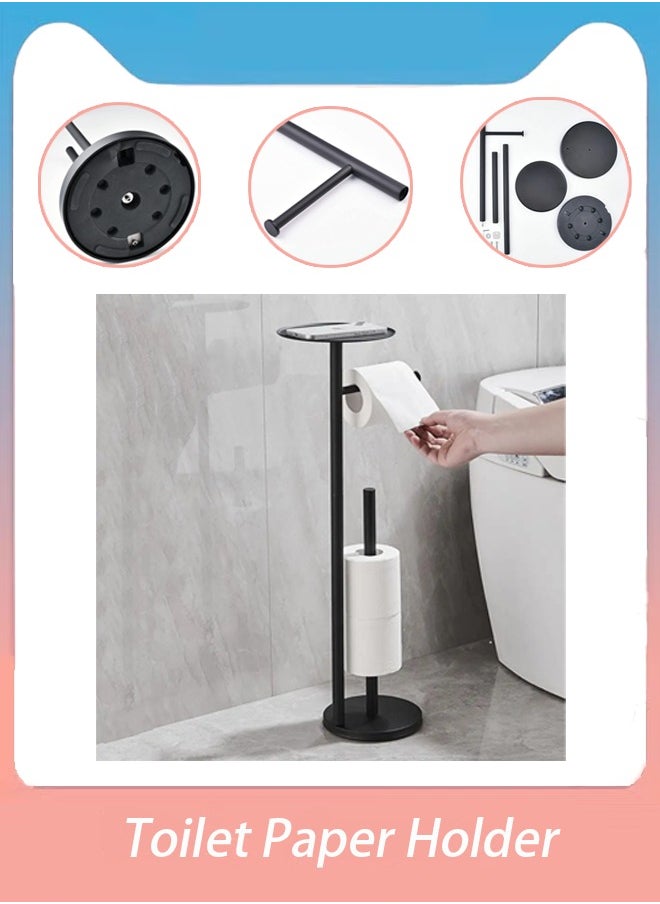 Generic Black Toilet Paper Holder Standwith Phone Shelf Floor-Standing Stainless Steel Paper Towel Rack, Detachable And Easy To Assemble, Independent Punch-Free Storage Rack, Rust-Proof And Strong Load-Bearing, Bathroom Storage  - Image 1