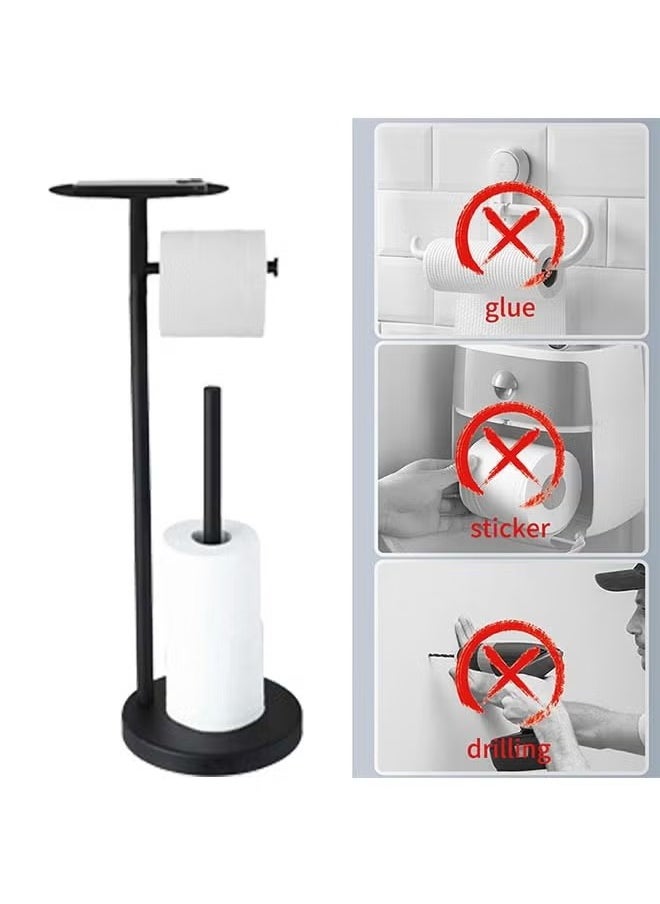 Generic Black Toilet Paper Holder Standwith Phone Shelf Floor-Standing Stainless Steel Paper Towel Rack, Detachable And Easy To Assemble, Independent Punch-Free Storage Rack, Rust-Proof And Strong Load-Bearing, Bathroom Storage  - Image 5