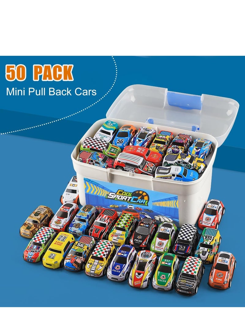 XiuWoo - 50PCS Pull Back Cars, Toys for 3 Year Old Boys Girls, Push and Go Toy Race Car Vehicle with Storage Box, Friction Power Diecast Kids Toy Mini Cars, Best Gifts for Party Birthday - Image 1