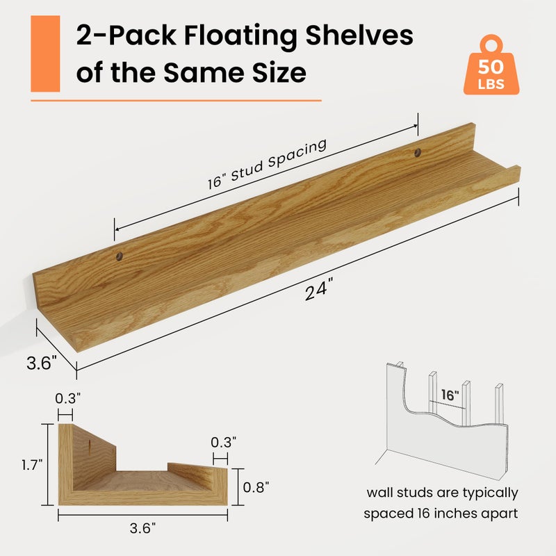 RICHFOCUS Picture Ledge Shelf, 24 inch Floating Shelves Set of 2, Wood Wall Shelves with Lip, Wall Decor Storage for Bedroom Living Room Bathroom Kitchen Nursery Photo Picture, Oak - Image 4