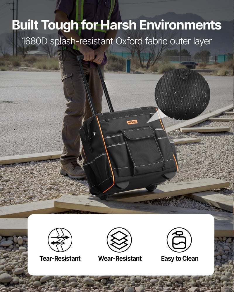 VEVOR 15" Rolling Tool Bag, 110 lbs Load Capacity, 25 Pockets Heavy Duty Roller Tool Bag on Wheels, Adjustable Telescoping Handle & Stable Base, Toolbag Organizers w/Wheels for Construction, Mechanic - Image 3